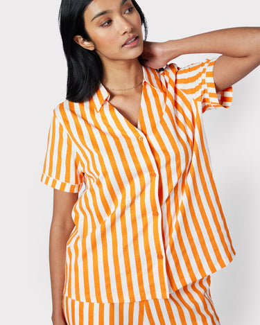 Organic Cotton Stripe Short Pyjama Set - Orange & White